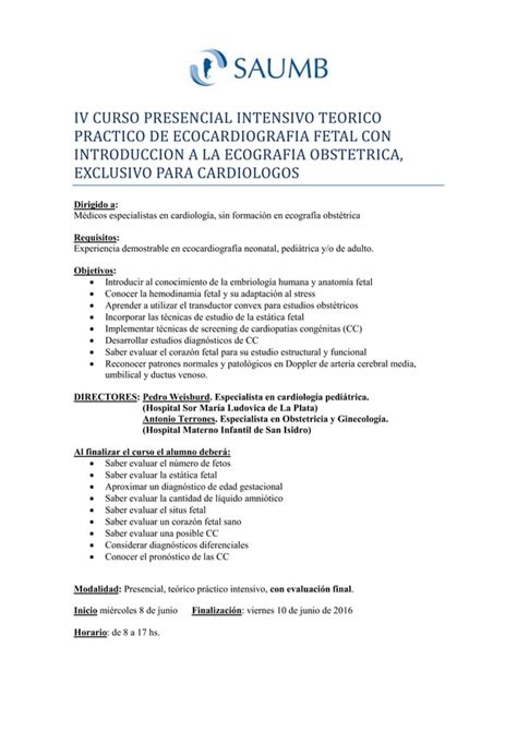 Curso Presencial Intensivo Teórico Práctico de Ecocardiografía Fetal