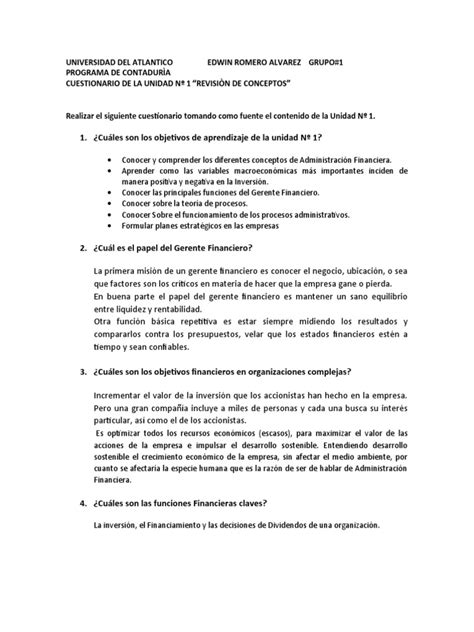 Cuestionario Del Contenido De La Unidad 1 Edwin Romero Alvarez Pdf Planificación Calidad