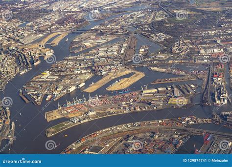 Aerial of Hamburg Harbor with River Elbe Stock Image - Image of ships ...