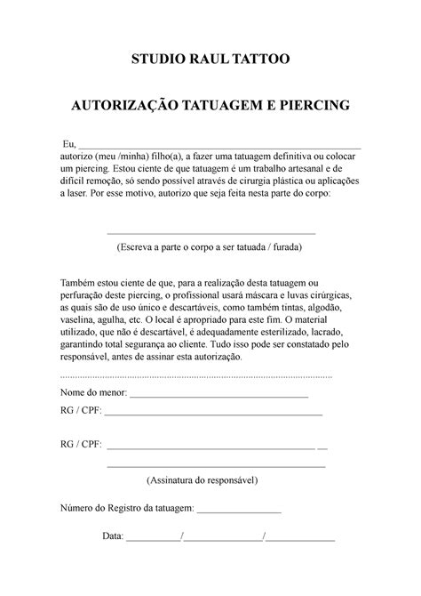 Autorização Tatuagem E Piercing STUDIO RAUL TATTOO AUTORIZAÇÃO