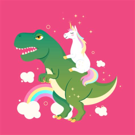 Unicorn Riding Dinosaur T Rex Dino Magical Rainbow Illustration