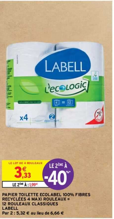 Promo Papier Toilette Ecolabel 100 Fibres Recyclées 4 Maxi Rouleaux