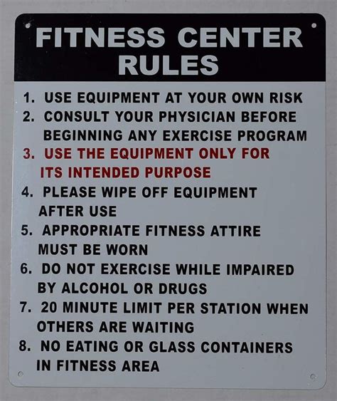 Fitness Center Rules Sign Horizontal Whitealuminium