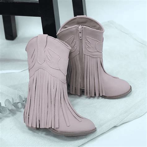 Girls Jolene Fringe Leather Cowgirl Boots With Heel Pink 8t