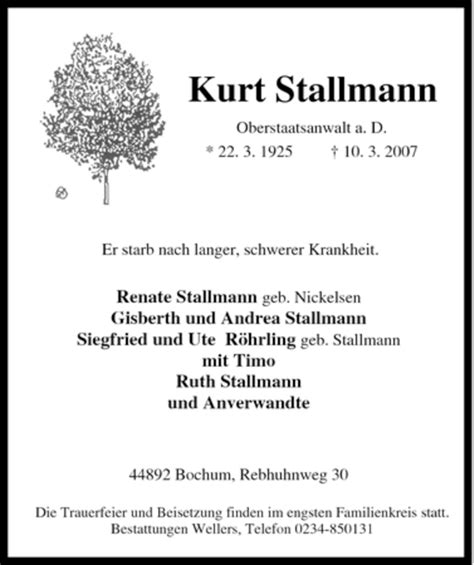 Traueranzeigen Von Kurt Stallmann Trauer In NRW De