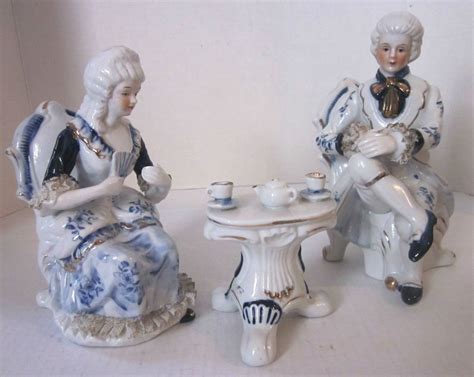 Colonial Couple Man Woman Having Tea 3pc Figurine Set White Blue