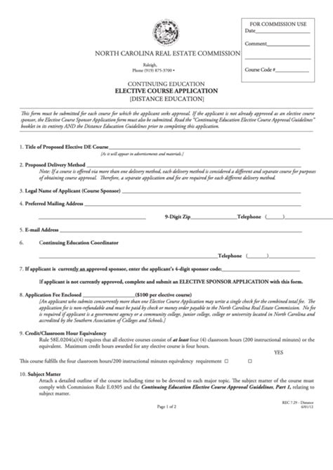 Fillable Ce Elective Course Application Form Rec Distance