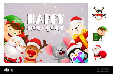 Happy New Year postcard with cute cartoon characters Stock Vector Image ...