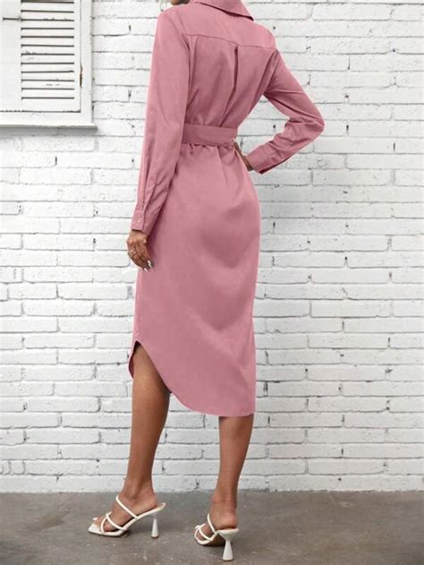 SHEIN LUNE Solid Button Front Belted Shirt Dress SHEIN USA