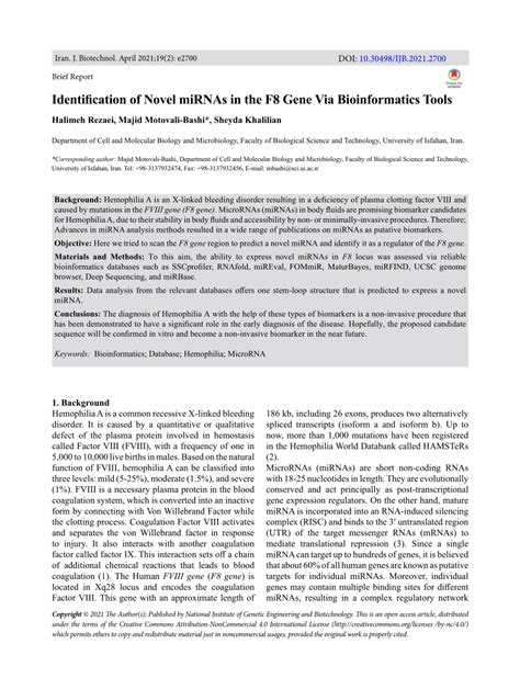 PDF Identification Of Novel MiRNAs In The F8 Gene Via Bioinformatics