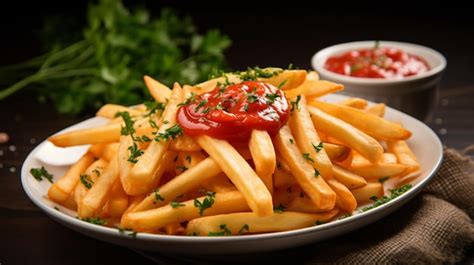 Premium Ai Image French Fries With Tomato Sauce Mayonnaise And Parsley