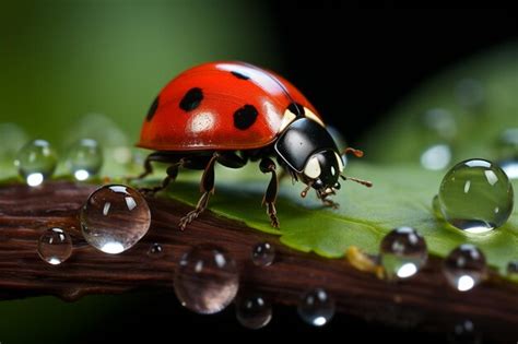 Premium Ai Image Ladybug Sitting On A Leaf With Dew Drops