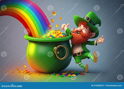 Happy St Patrick S Day Concept With Leprechaun Gold Pot And Rainbow