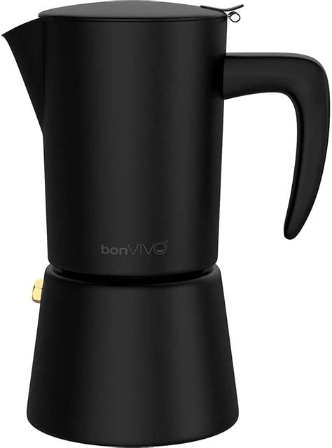 A Black Stove Top Coffee Maker On A White Background With The Words