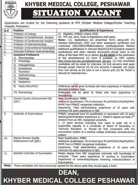 Khyber Medical College Jobs 2019 For Peshawar KPK 2023 Job