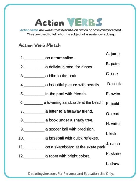 Match The Action Verbs Activity Image ReadingVine