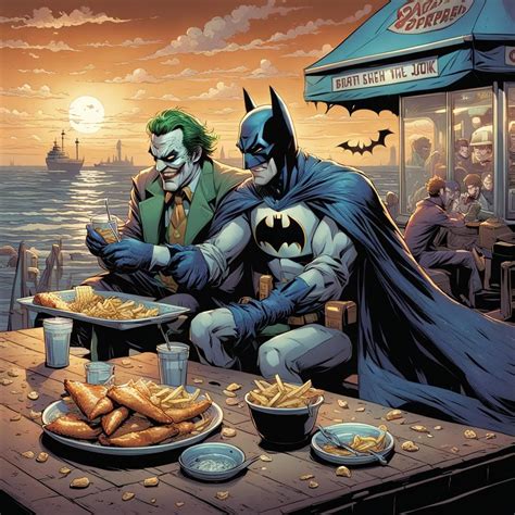 Batman And The Joker Eating Fish And Chips By The Seaside Ai