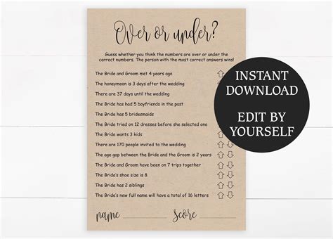 Editable Over Or Under Bridal Shower Game Printable Custom Etsy