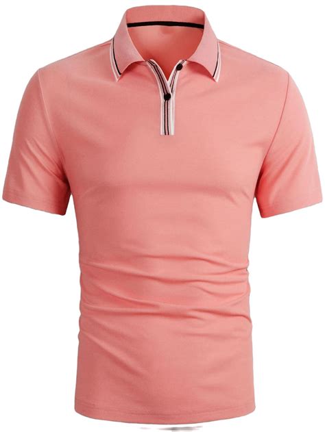 Striped Print Polo Neck Short Sleeve Coral Pink Men Polo Shirts Mens