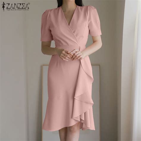 Zanzea Korean Style Womens Elegant Puff Sleeve Ruffle Sundress Party