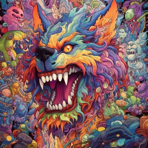 Highly detailed trippy wolf, scary colors, psychedelic. Generative AI ...