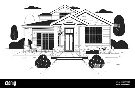 Bungalow Country House Black And White Cartoon Flat Illustration Stock