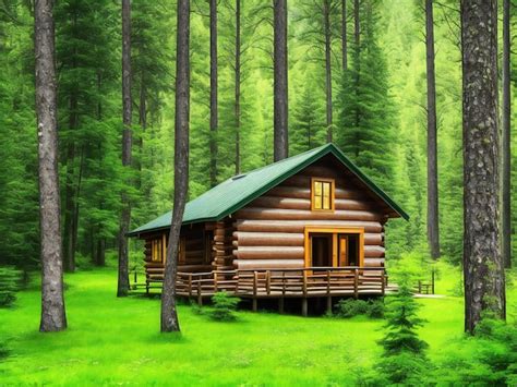 Premium Ai Image A Log Cabin In The Woods With A Green Forest In The