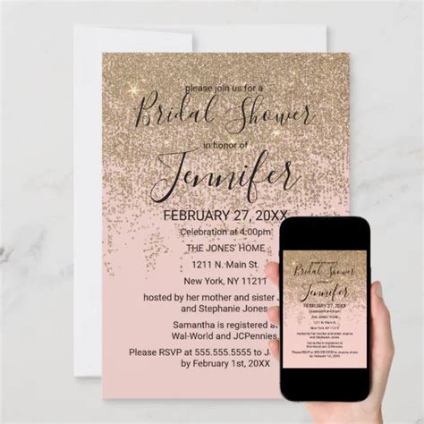 Gold Glitter Sparkles Blush Pink Bridal Shower Invitation Zazzle