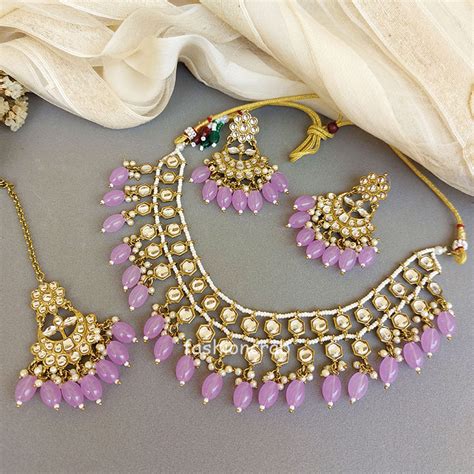 Light Purple Pearl Kundan Set For Anniversary Gift Fashioncrab