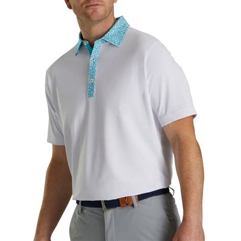 FootJoy Pique Tulip Trim Stretch Lisle Collar Golf Polo White Maui Blue