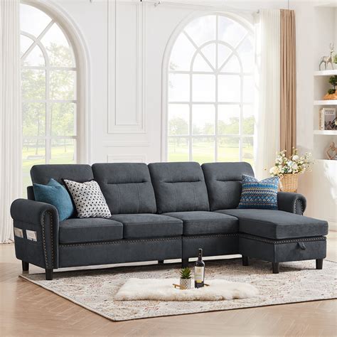 Jarenie Comfy Modern Small Corner L-Shaped 4-Seat Sectional Sofa with Big Space, Dark Grey ...