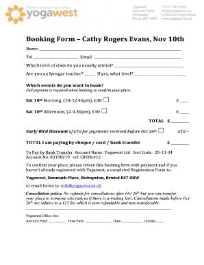 Fillable Online Booking Form Cathy Rogers Evans Nov Th Fax Email