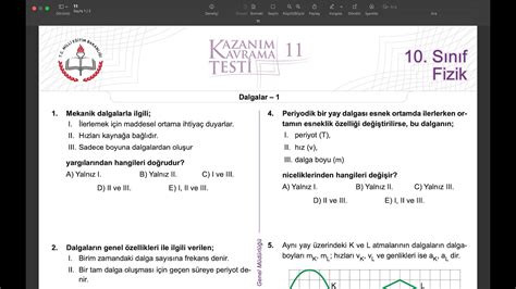 Sinif F Z K Kazanim Test Z M Dalgalar Kazan M