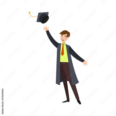 Happy Smiling College Student Boy In Graduation Gown Throwing Cap Up