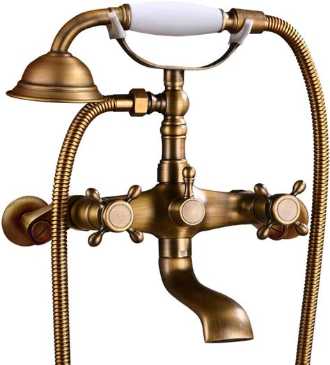 Antique Brass Clawfoot Bathtub Faucet Wall Mount Hand Held Shower