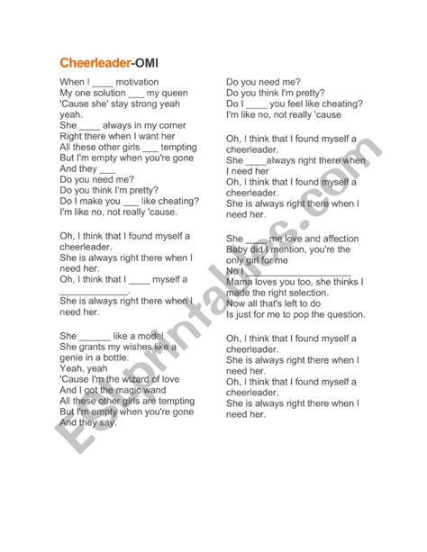 Cheerleader lyric - ESL worksheet by Cricoxer