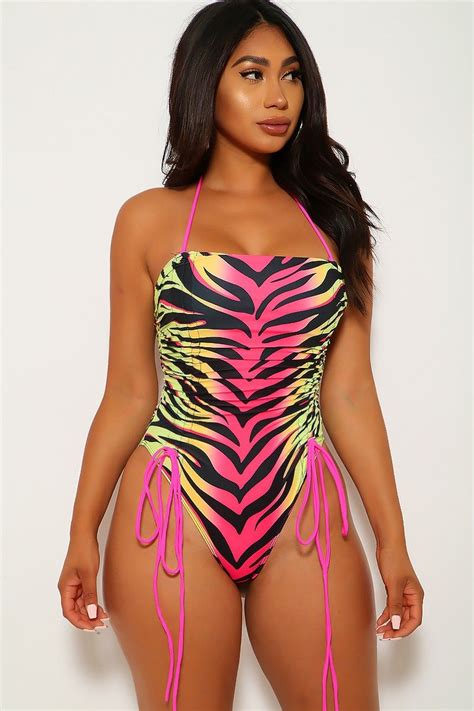 Fuchsia Lime Zebra Printed One Piece Swimsuit Swimsuits One Piece