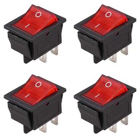 4X Red Light Illuminated 4 Pin DPST ON OFF Snap In Rocker Switch 16A