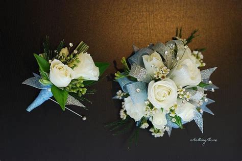 Silver And Light Blue Wrist Corsage Boutonniere 1000 In 2020 Prom