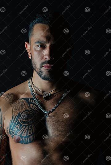 Bearded Man With Tattooed Chest Man With Muscular Torso Fit Model With Tattoo Design On Skin