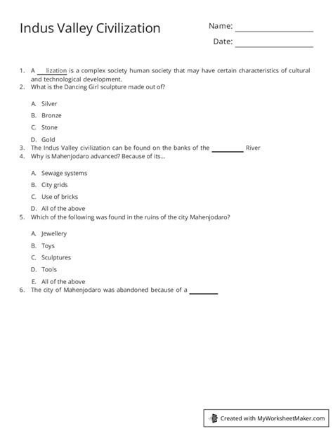 Indus Valley Civilization My Worksheet Maker Create Your Own Worksheets