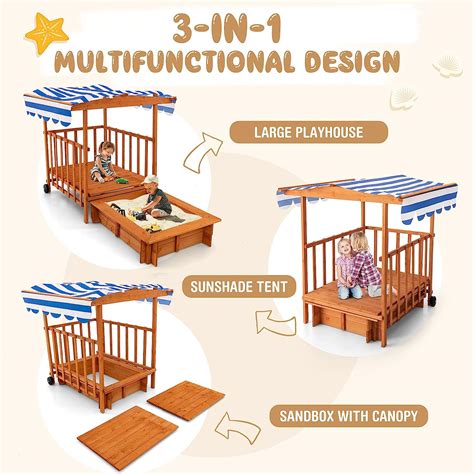 Infans Kids Sandbox With Canopy And Cover Rear Wheels Wooden Cedar