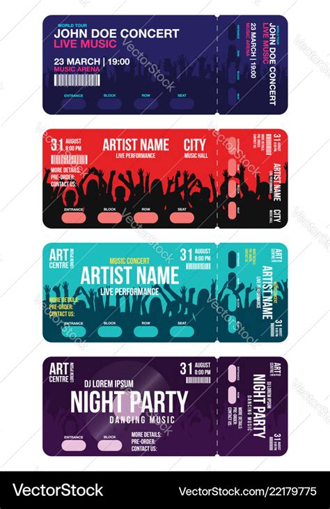 Set Of Concert Ticket Templates Concert Party Vector Image