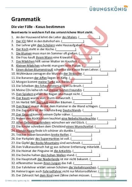 Arbeitsblatt Die Vier Fälle Deutsch Grammatik