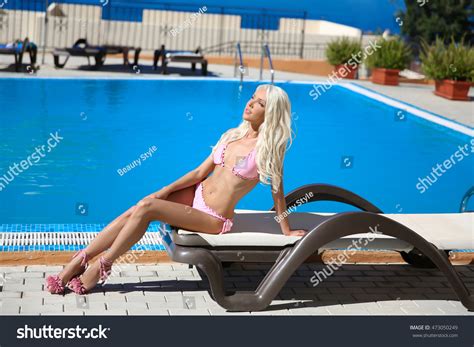 Beautiful Sexy Woman Bikini Model Sitting Stock Photo 473050249