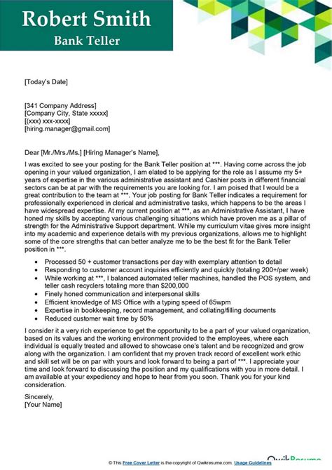 Bank Teller Cover Letter Examples Qwikresume