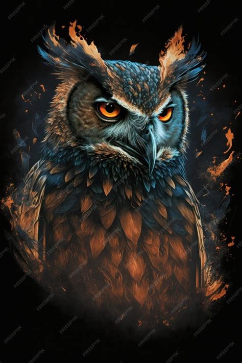 Premium Photo Eagle Owl With Fire And Smoke On Black Background