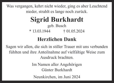 Traueranzeigen Von Sigrid Burkhardt Saarbruecker Zeitung Trauer De