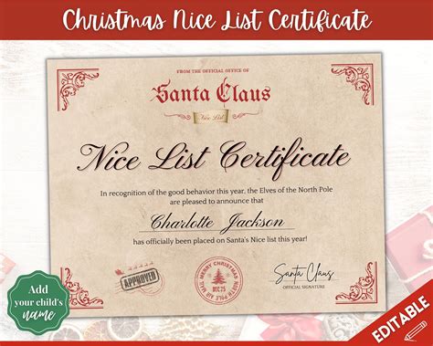 Editable Christmas Nice List Certificate Certificate Template Holiday