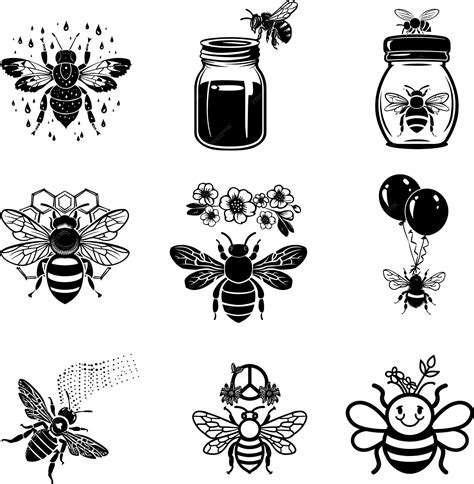 Premium Vector Bubble Bee With Flower Black And White Silhouette